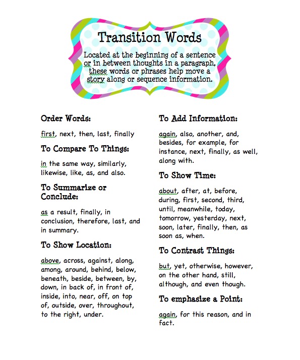 What are some transitional words for essays